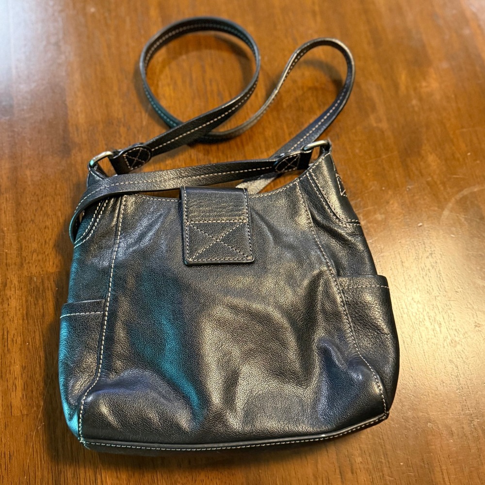 Fossil Black Pebbled‎ Leather Crossbody Bag Contrast Stitching Small Messenger - Picture 3 of 8